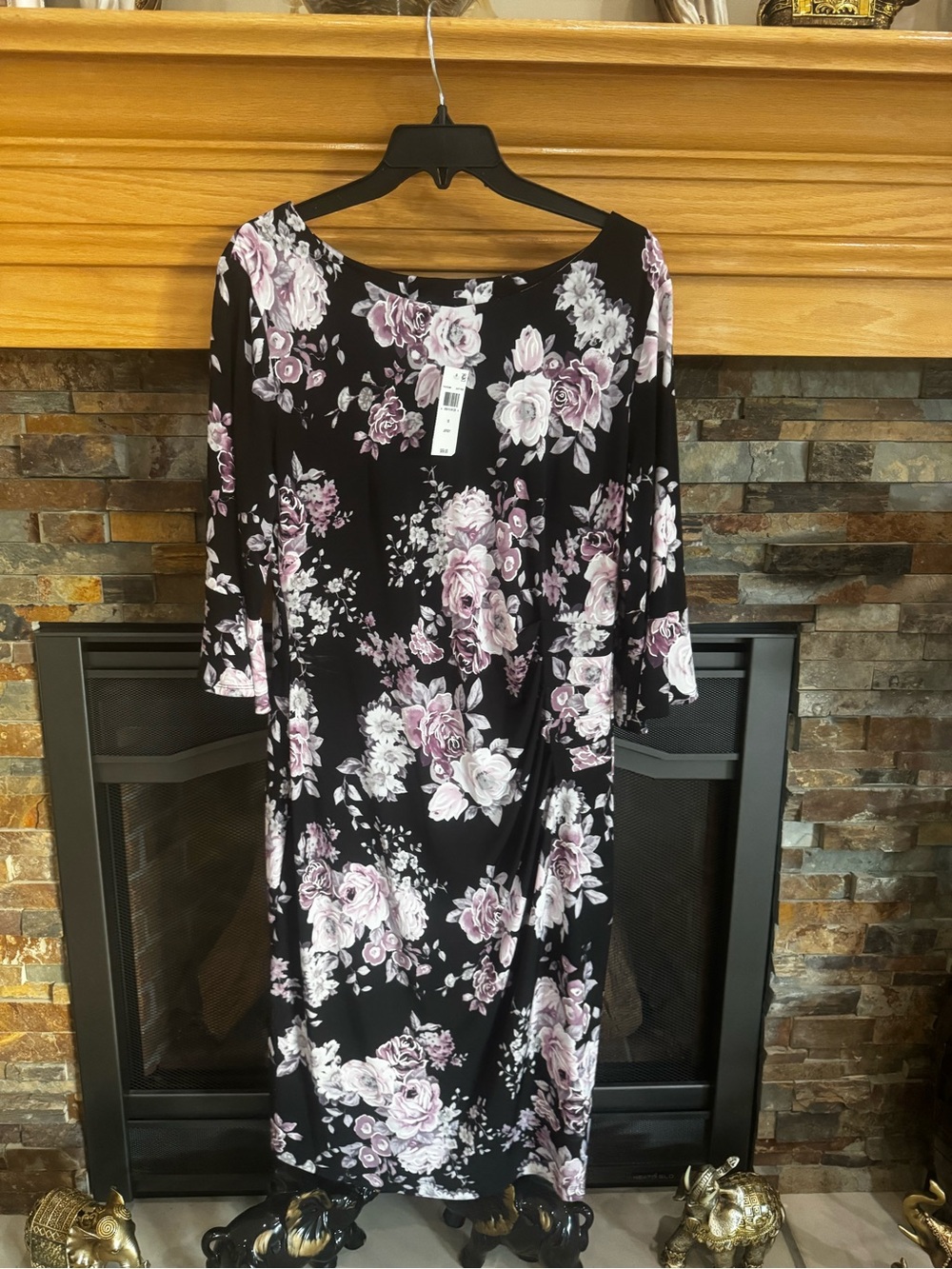 Black Midi Dress with Pink Floral Print